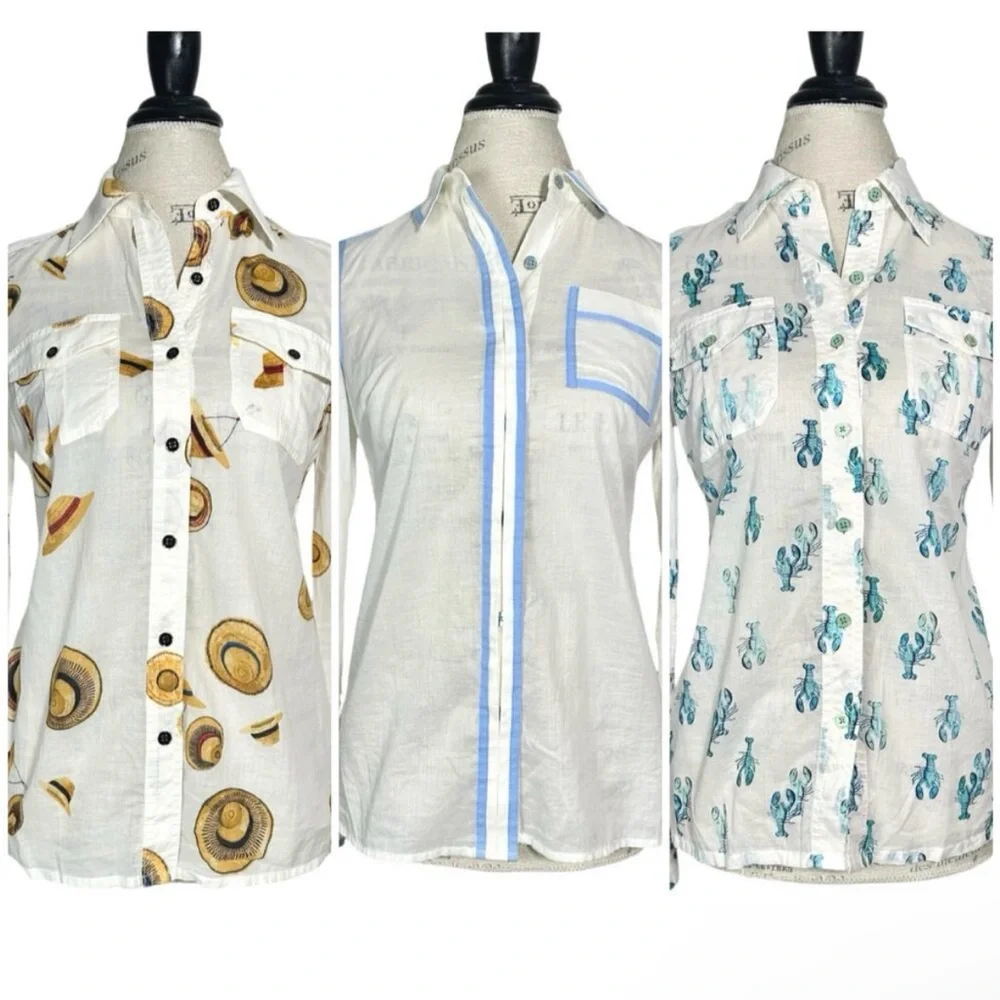 RARE! LIKE NEW Tory Burch Contrast-Piping Button-Down Blouse, Cream & Blue, 6